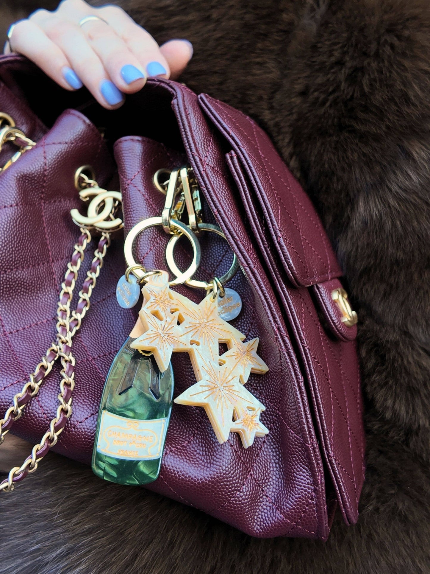 Solar Eclipse Hand-painted Champagne Bag Charm + Keychain
