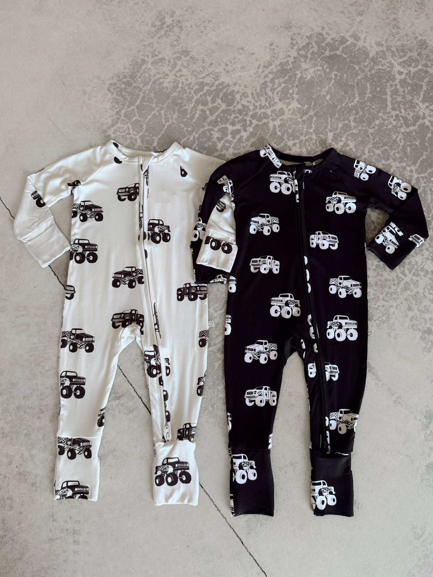 One Little Love Monster Trucks Black Bamboo Romper