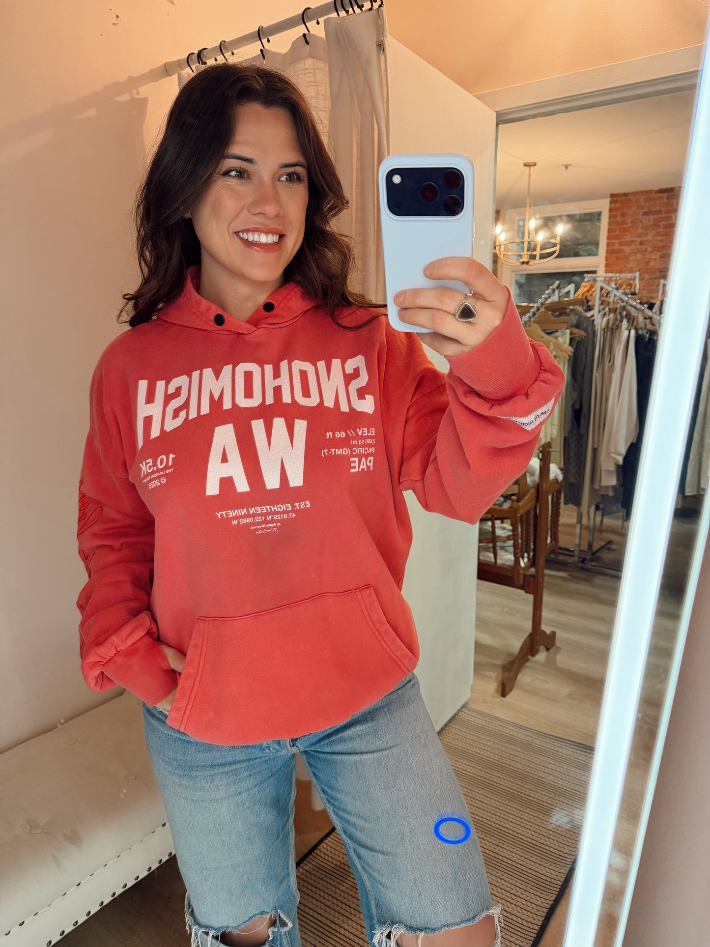 The Laundry Room Snohomish Hoodie- Red with White Writing