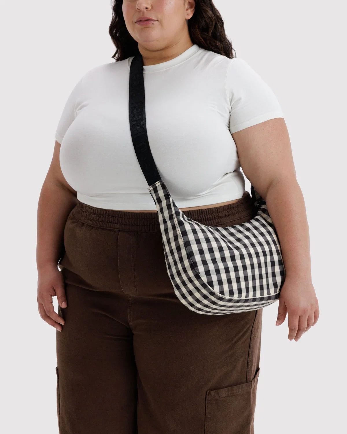 BAGGU Medium Nylon Crescent Bag- Black & White Gingham