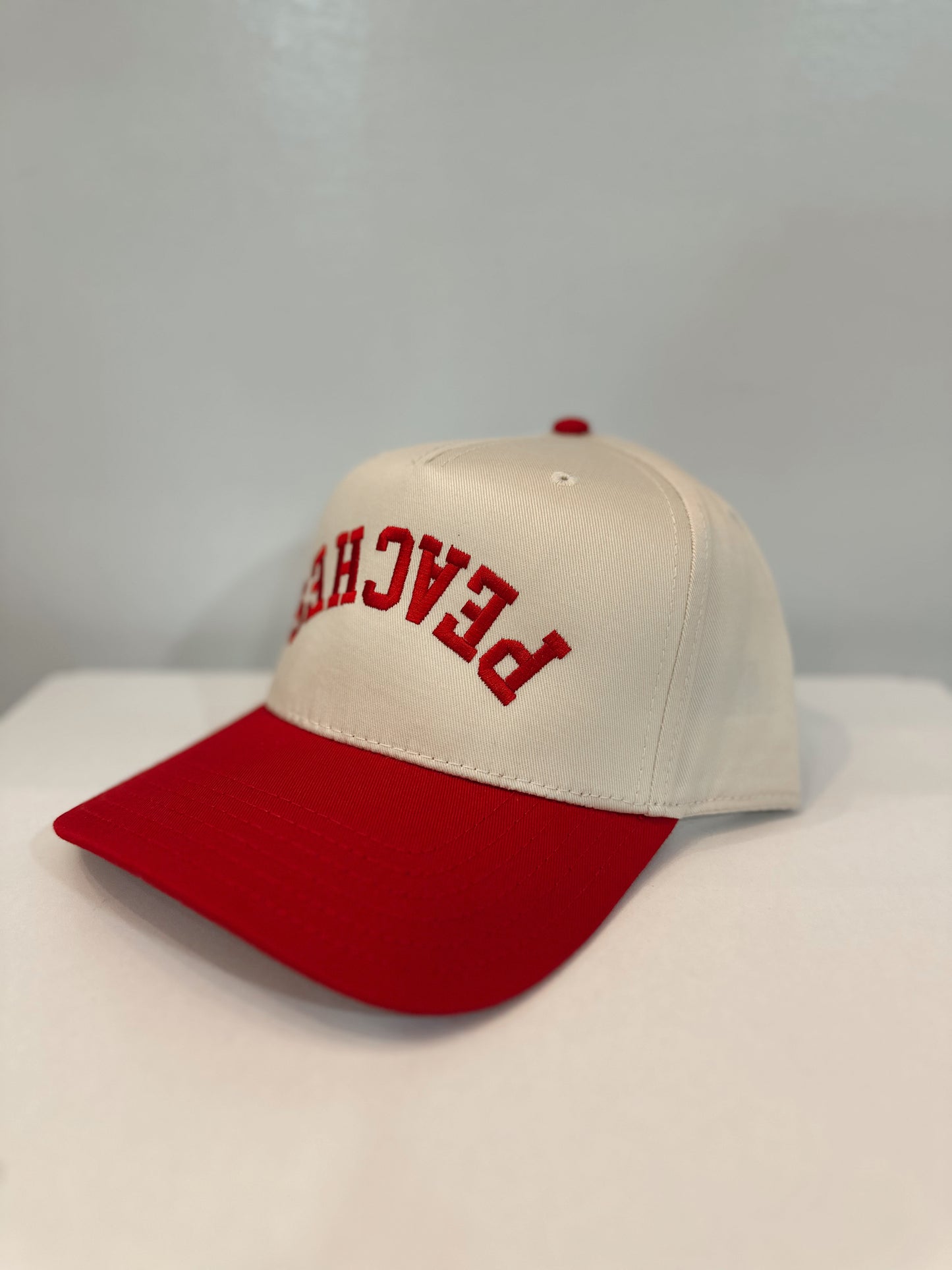 Upsidedown PEACHES Snapback- Red & Tan