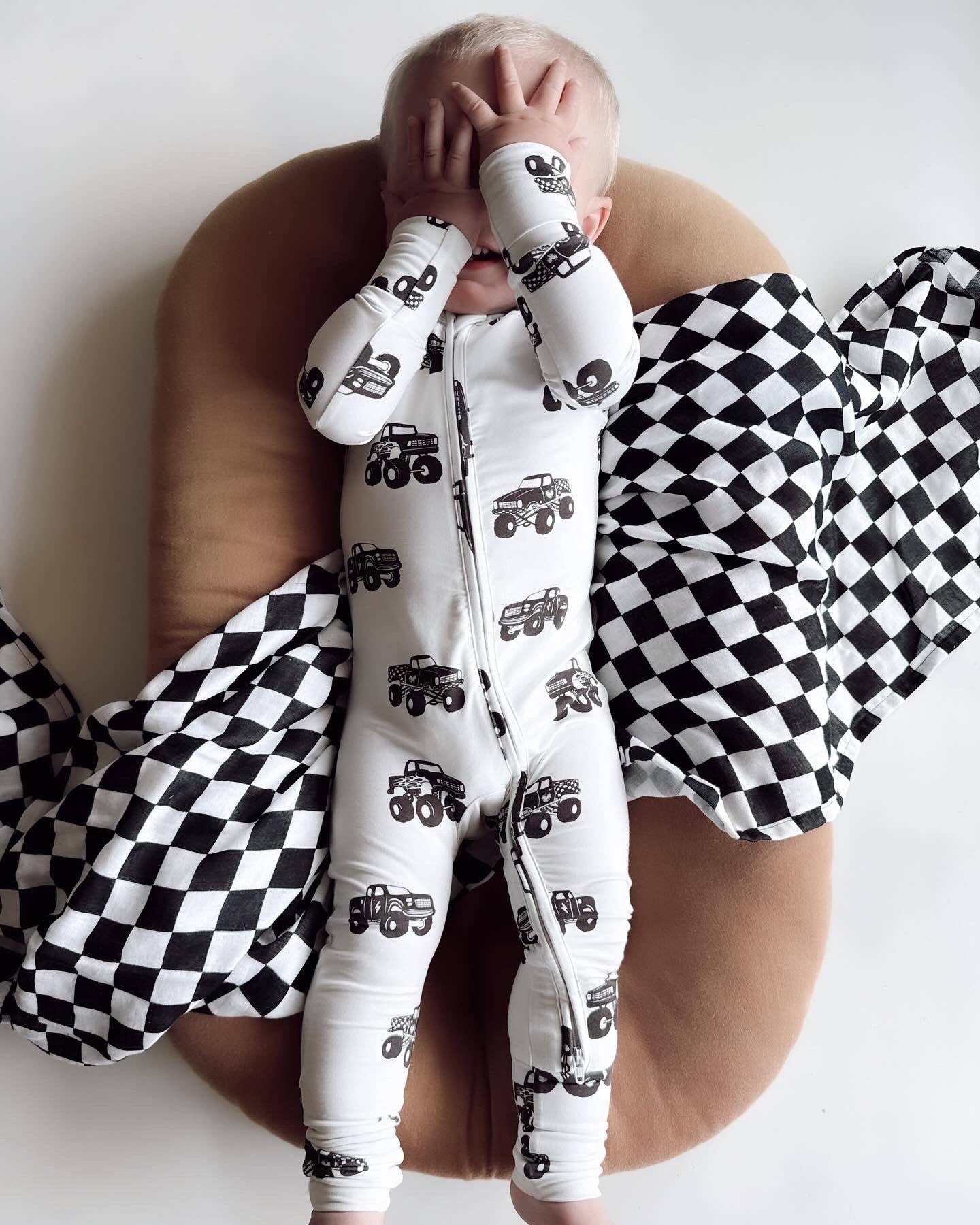 Cream Monster Trucks | Bamboo Romper