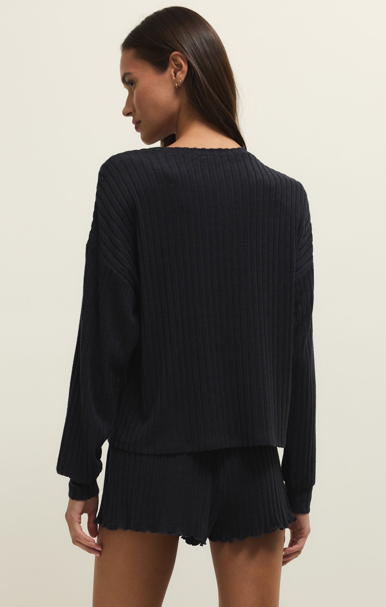 Z Supply Daydream Rib Long Sleeve Top- Black Sand