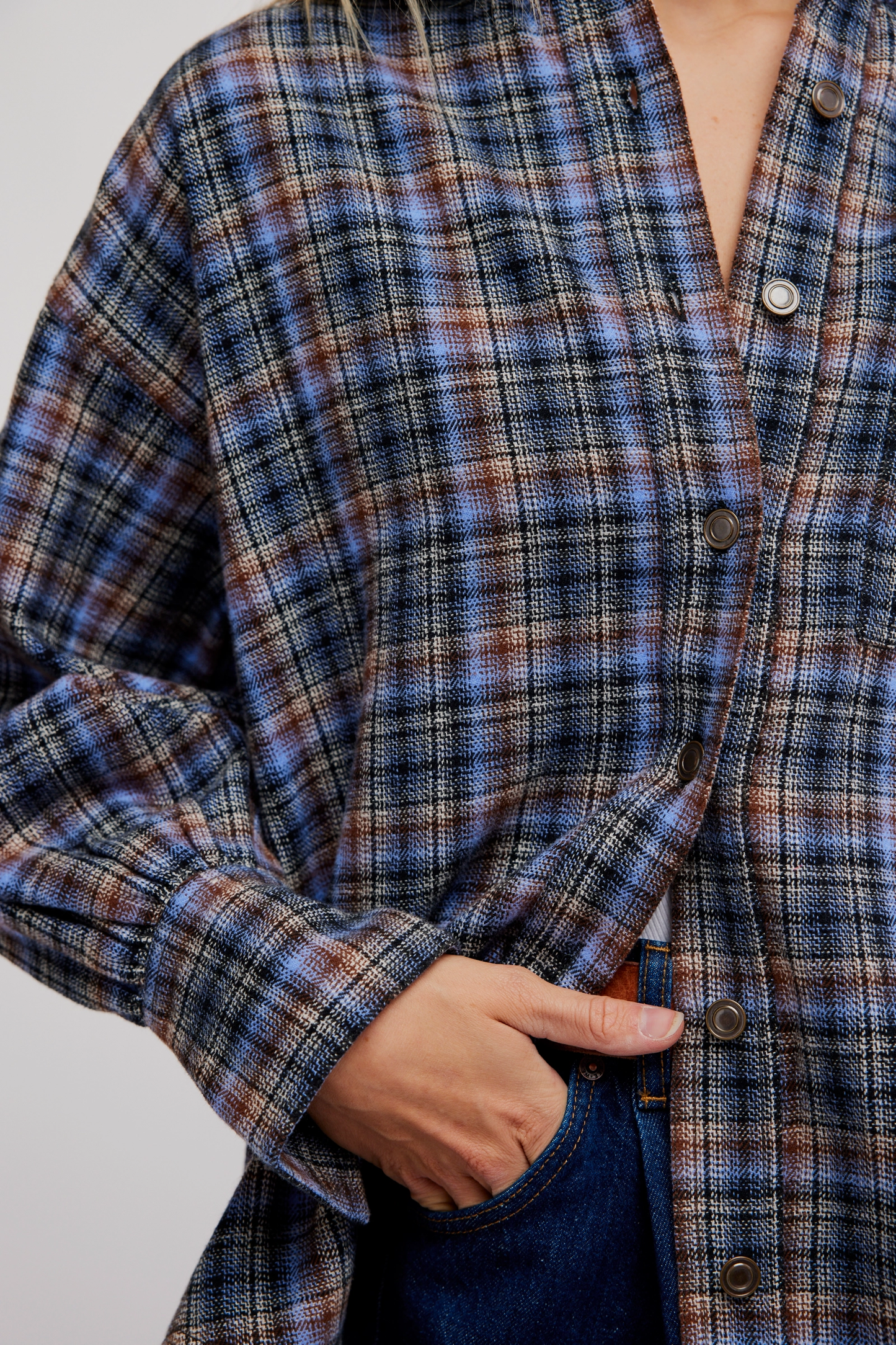 Free People Ashley Plaid Shirt- Blue Combo