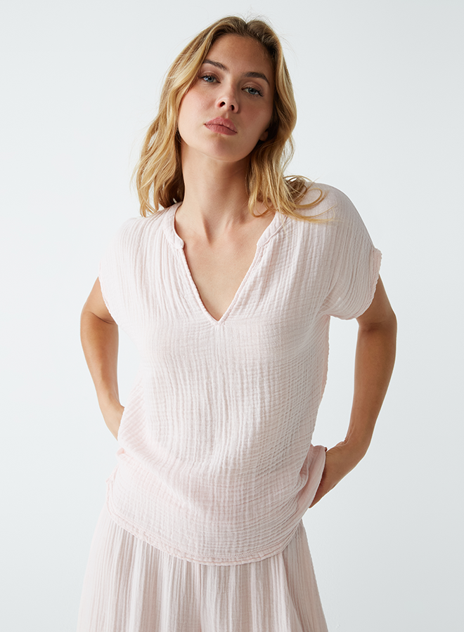 Michael Stars Naomi Split Neck Top- Lychee