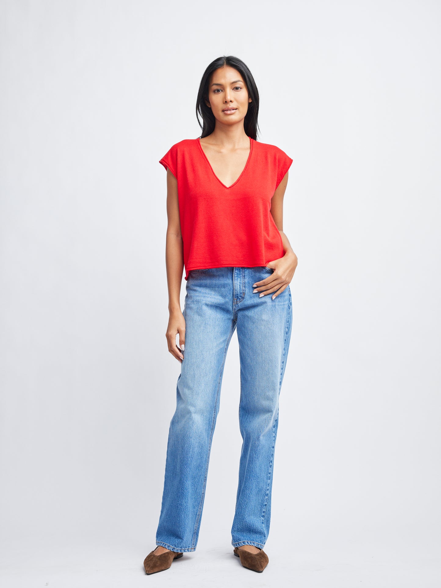 Self Contrast Dorian V-Neck Tee- Poppy