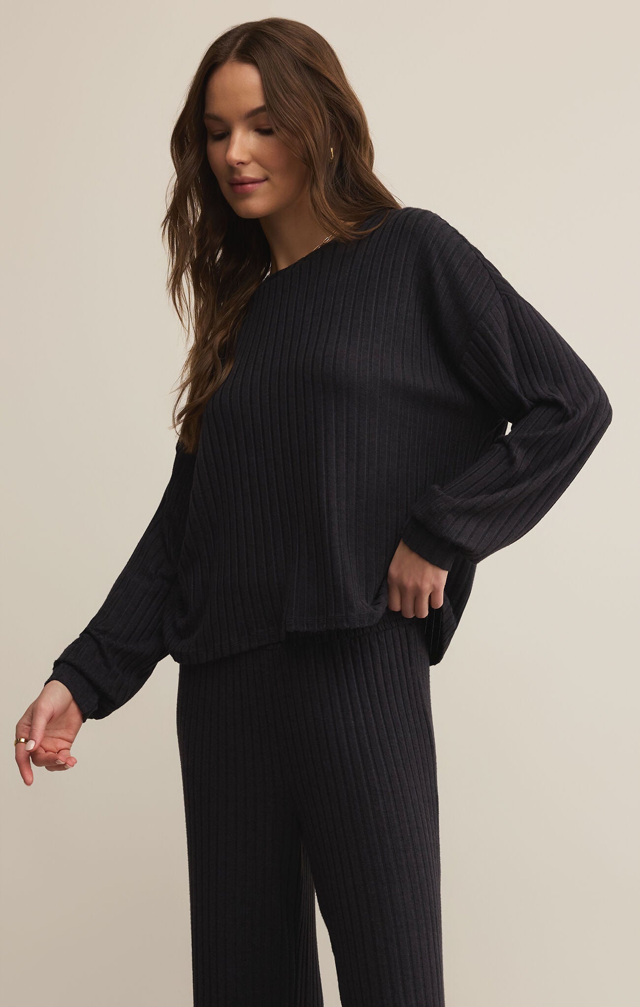 Z Supply Daydream Rib Long Sleeve Top- Black Sand