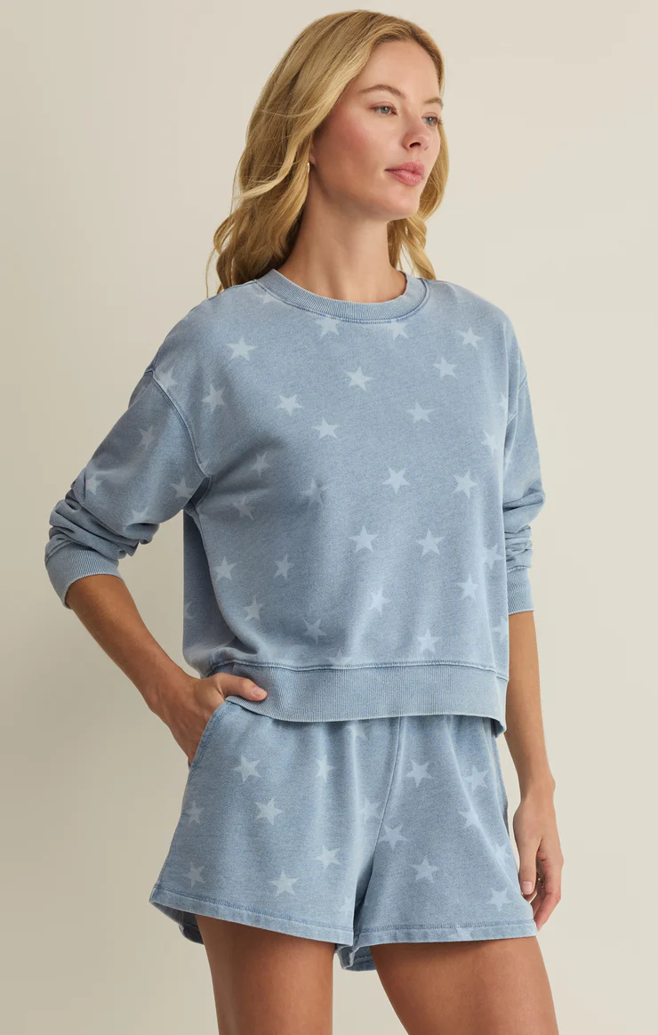 Z Supply Written Stars Denim Sweatshirt-Ocean Air Indigo