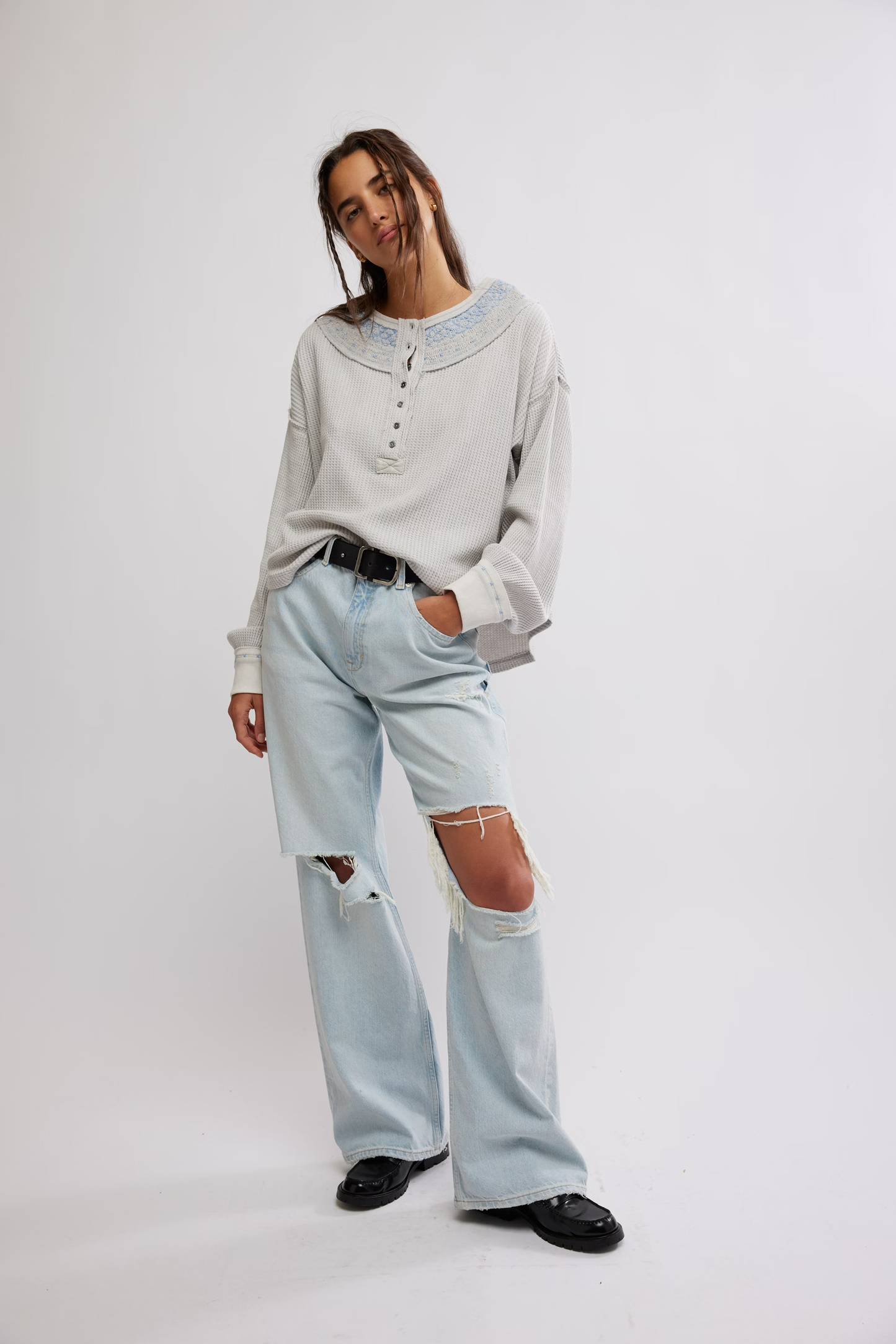 Free People Holly Henley- Grey Combo