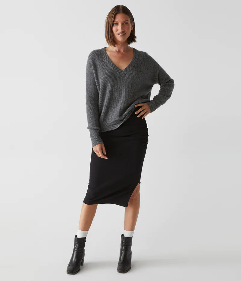 Michael Stars Rae Ribbed Skirt with Slit- Black