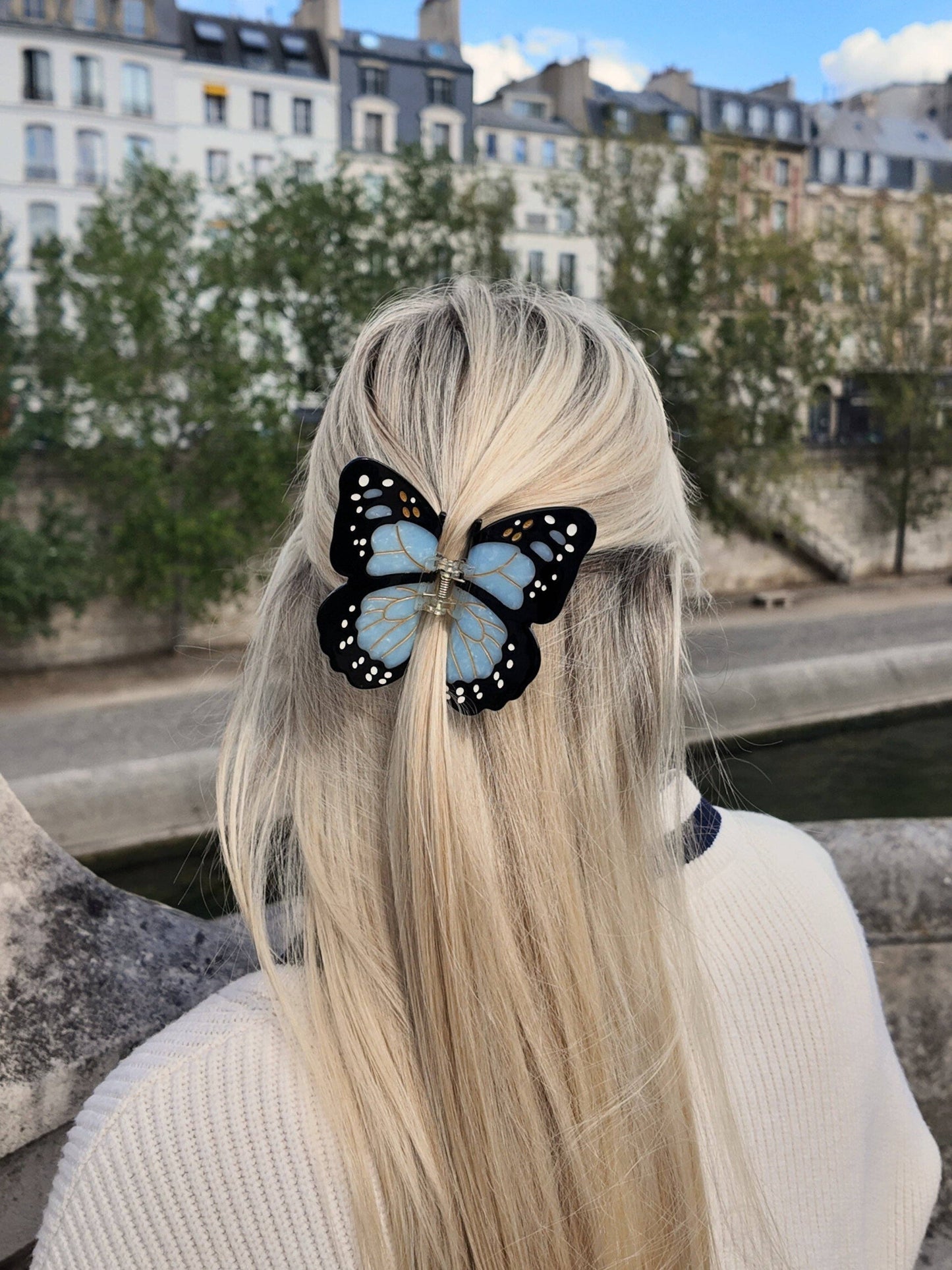 Solar Eclipse Hand-painted Monarch Butterfly Claw Hair Clip | Baby Blue