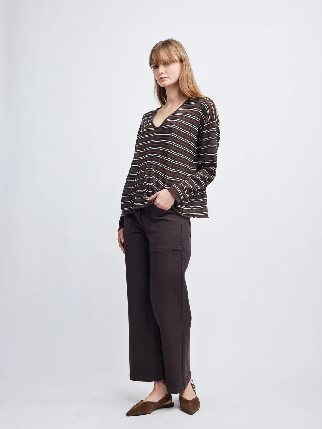 Self Contrast Riley Long Sleeve V Neck- Coffee