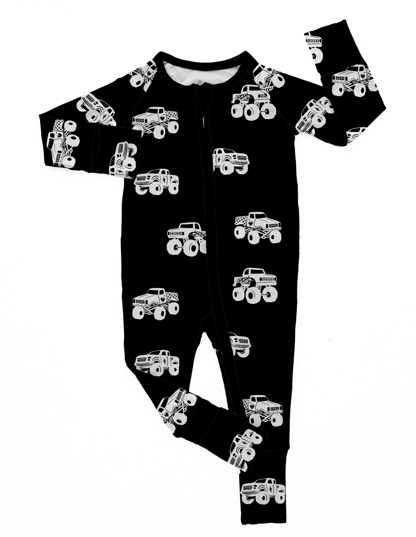 One Little Love Monster Trucks Black Bamboo Romper