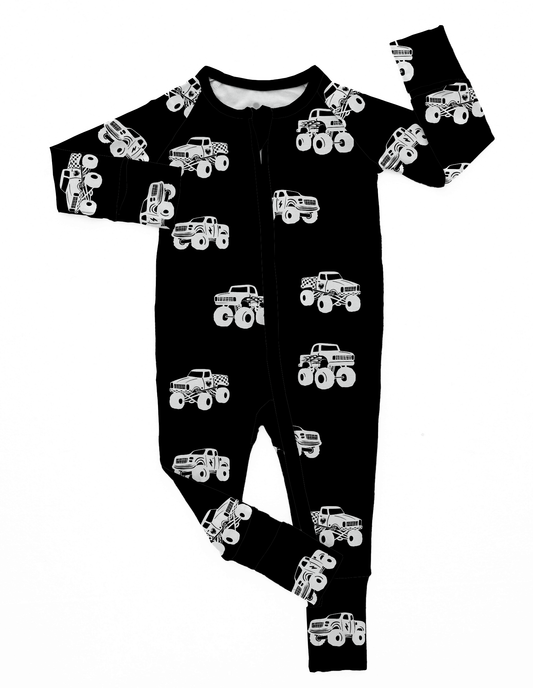 One Little Love Monster Trucks Black Bamboo Romper