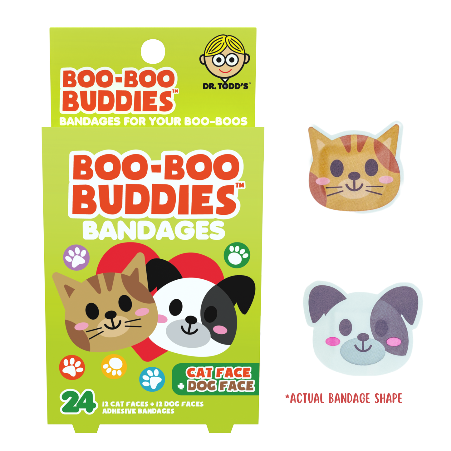 Kids Bandages – Dog Face + Cat Face (24 Count, Latex-Free)