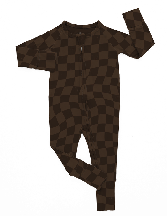 One Little Love Brown Checker Bamboo Romper