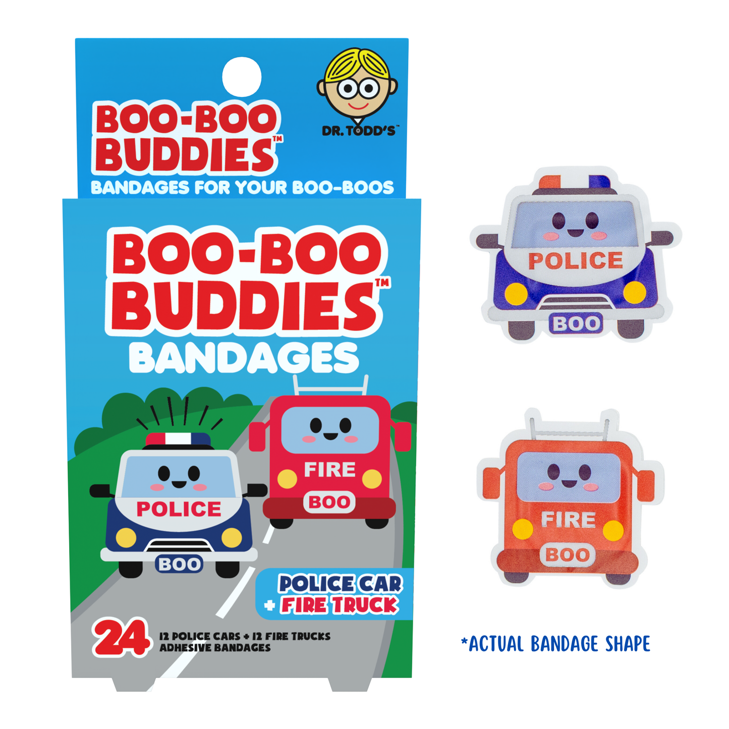 Kids Bandages – Police Car + Fire Truck (24 Count, Latex-Free)