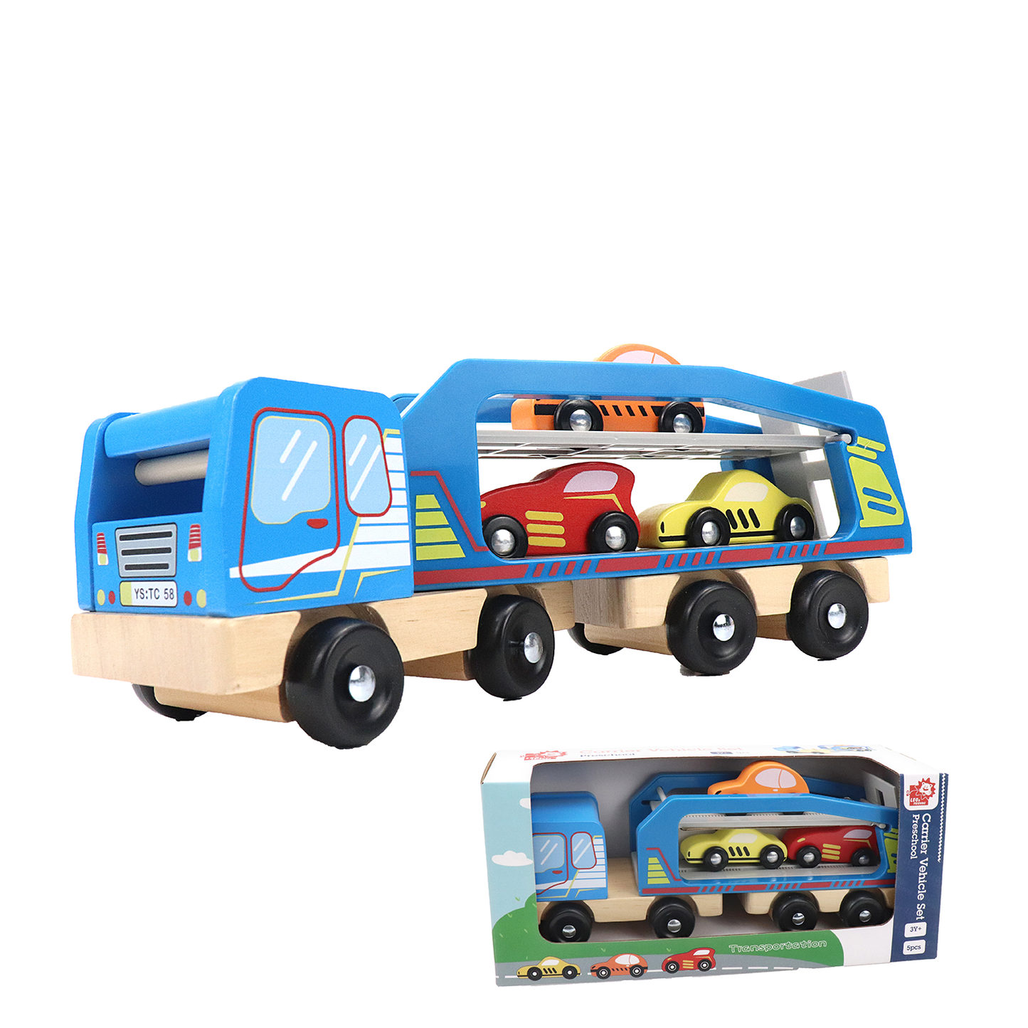 Wooden Car Carrier Set, 5-Piece Car and Truck Kid’s Set