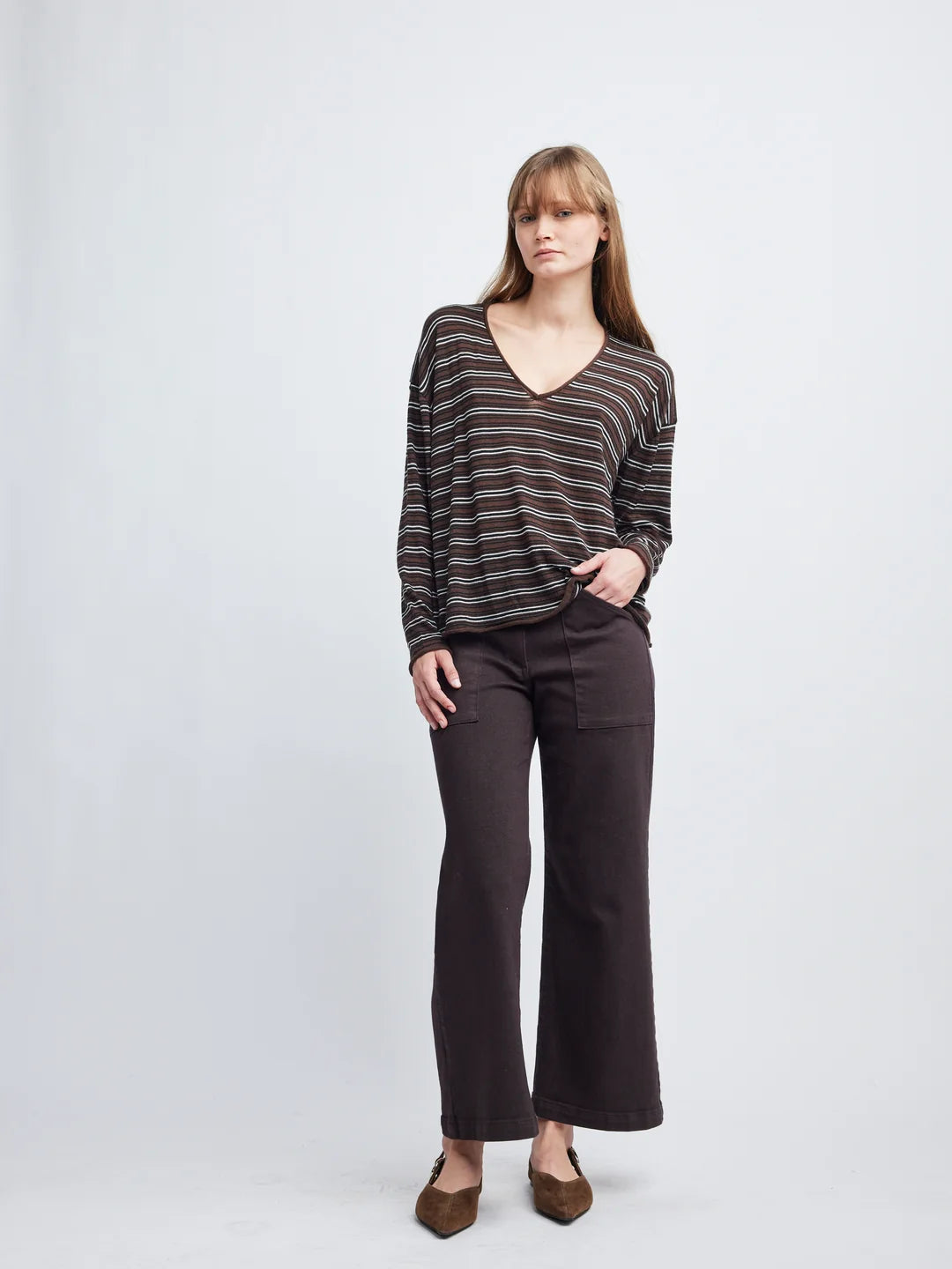 Self Contrast Riley Long Sleeve V Neck- Coffee