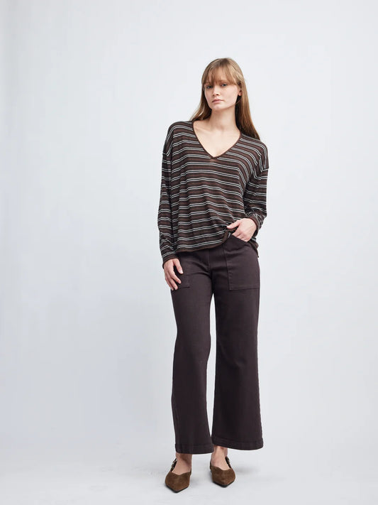 Self Contrast Riley Long Sleeve V Neck- Coffee