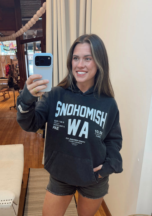 The Laundry Room Snohomish Hoodie- Black With White Writing