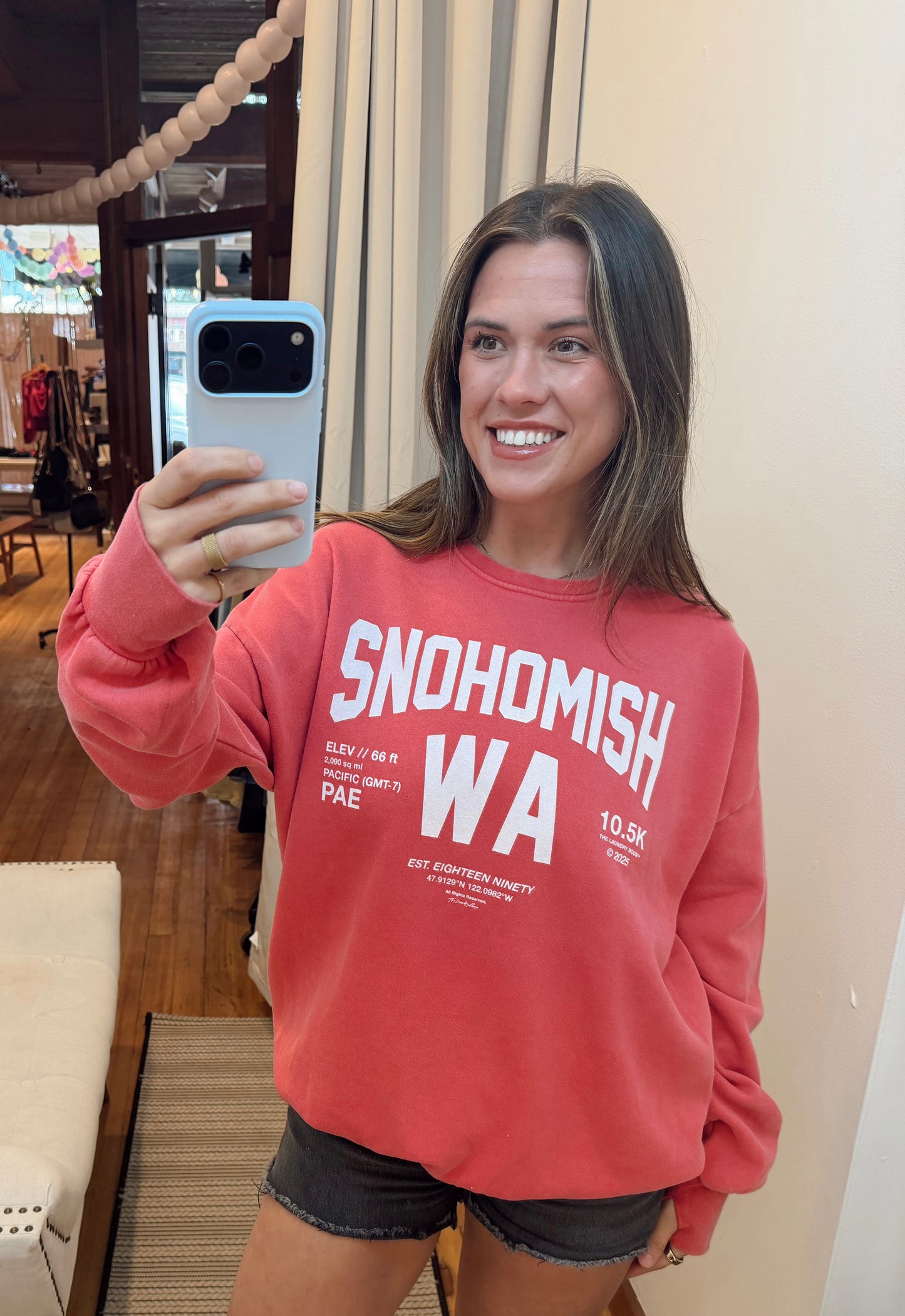 The Laundry Room Snohomish Crewneck- Red with White Writing