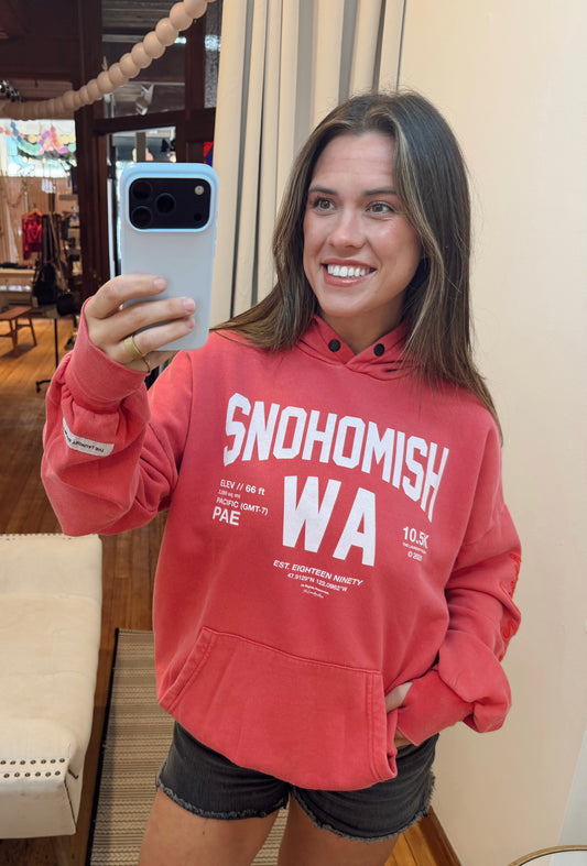 The Laundry Room Snohomish Hoodie- Red with White Writing