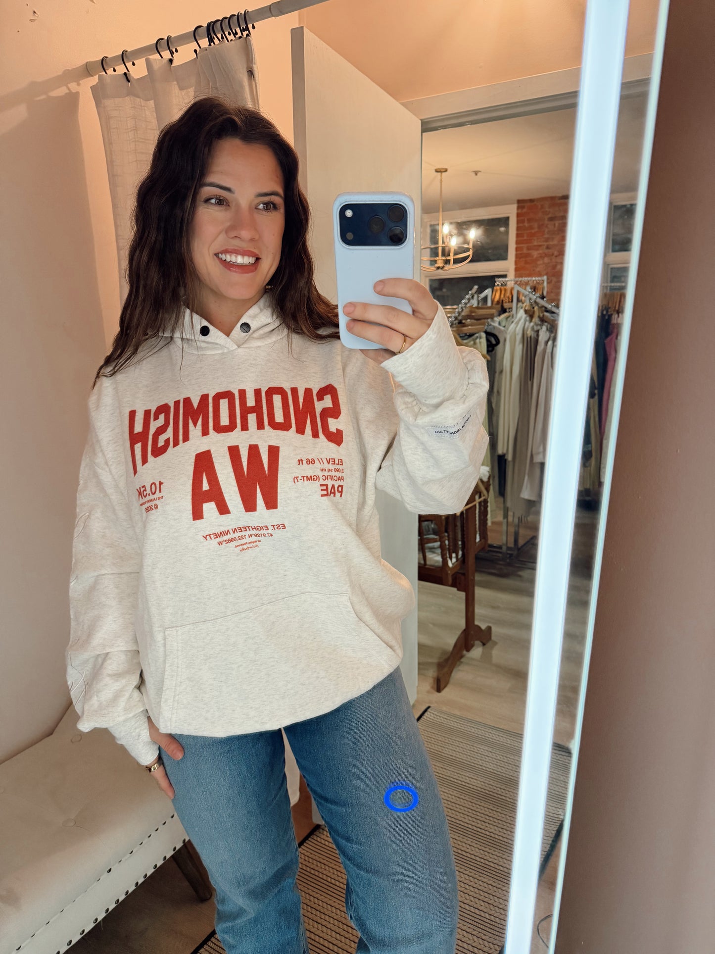 The Laundry Room Snohomish Hoodie- Pebble Heather & Red Writing