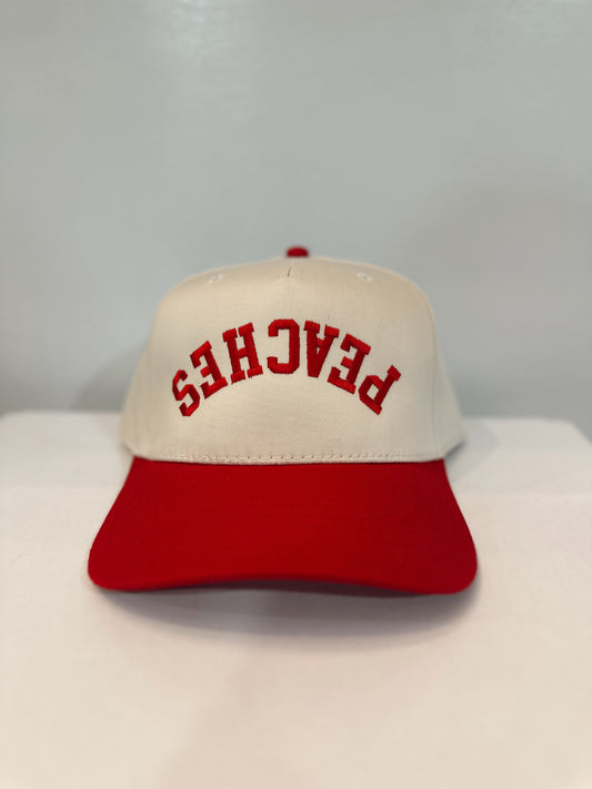 Upsidedown PEACHES Snapback- Red & Tan