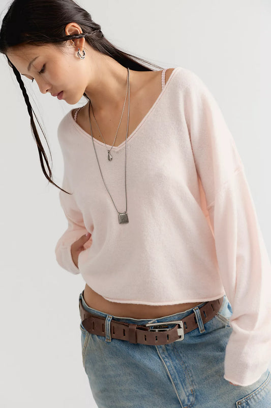 Free People See Me V-Neck Knit Pullover- Ballet Slipper