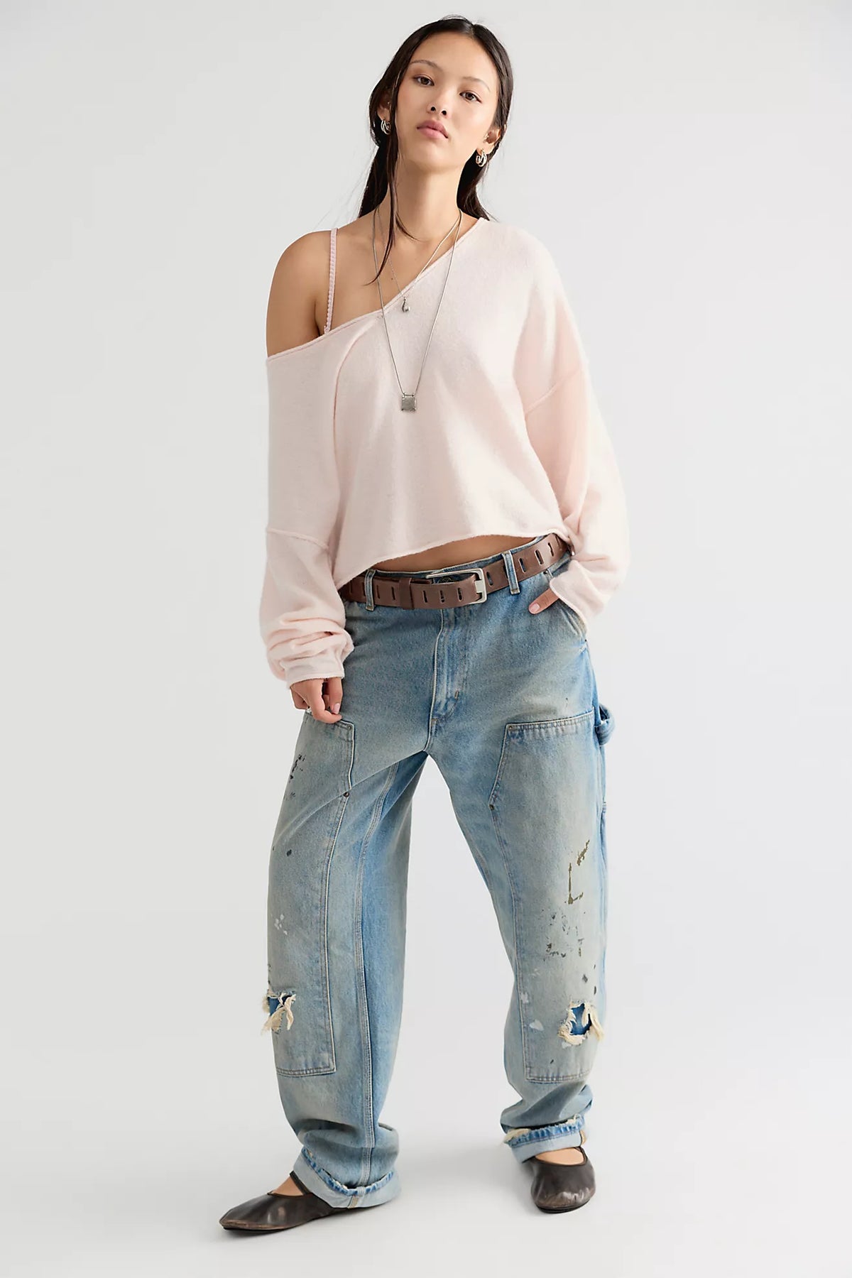 Free People See Me V-Neck Knit Pullover- Ballet Slipper