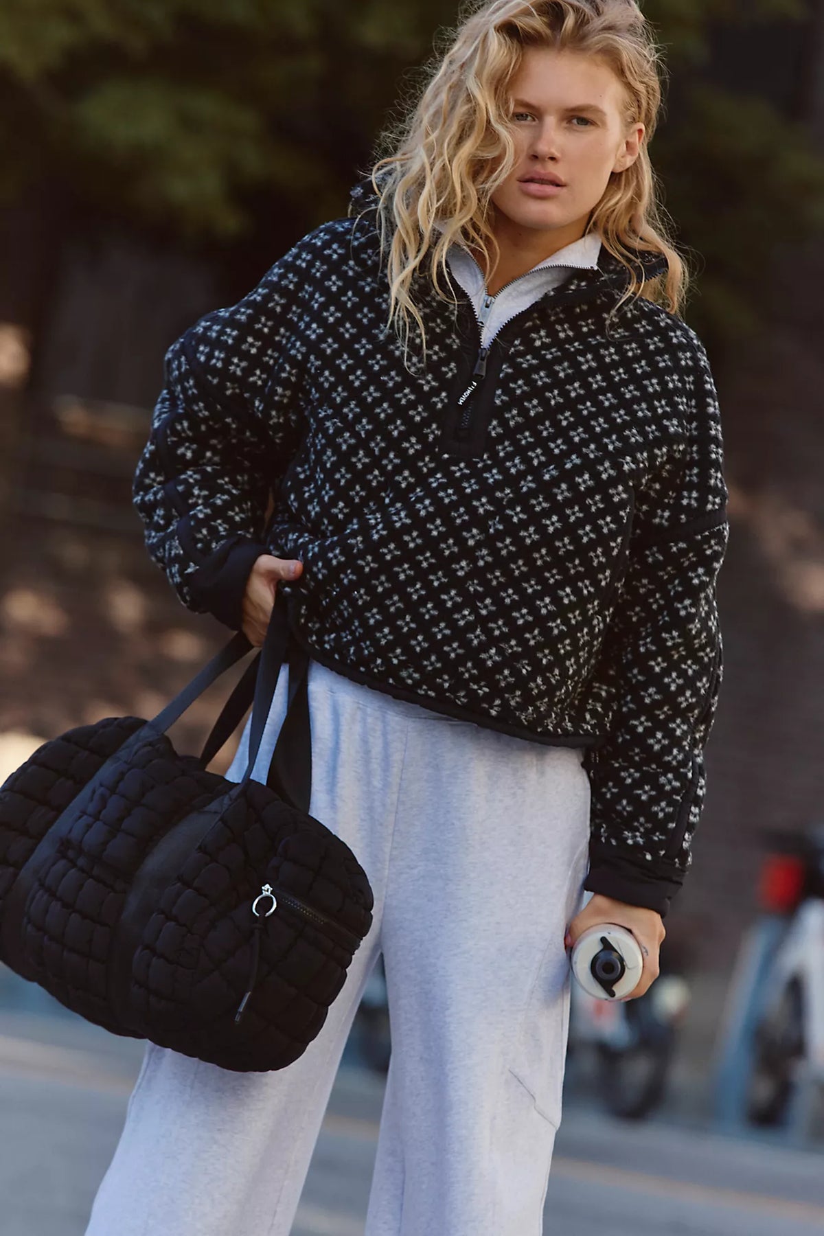 Free People Mountain High Printed Half-Zip- Birdseye Black Combo