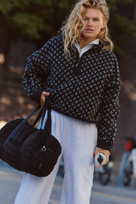 Free People Mountain High Printed Half-Zip- Birdseye Black Combo