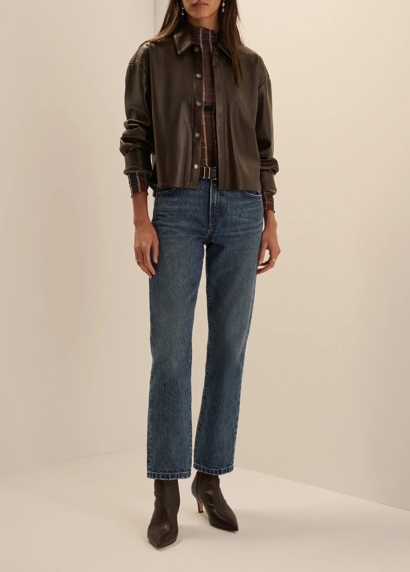 Favorite Daughter The Vegan Leather Crop Brady Shirt in Espresso