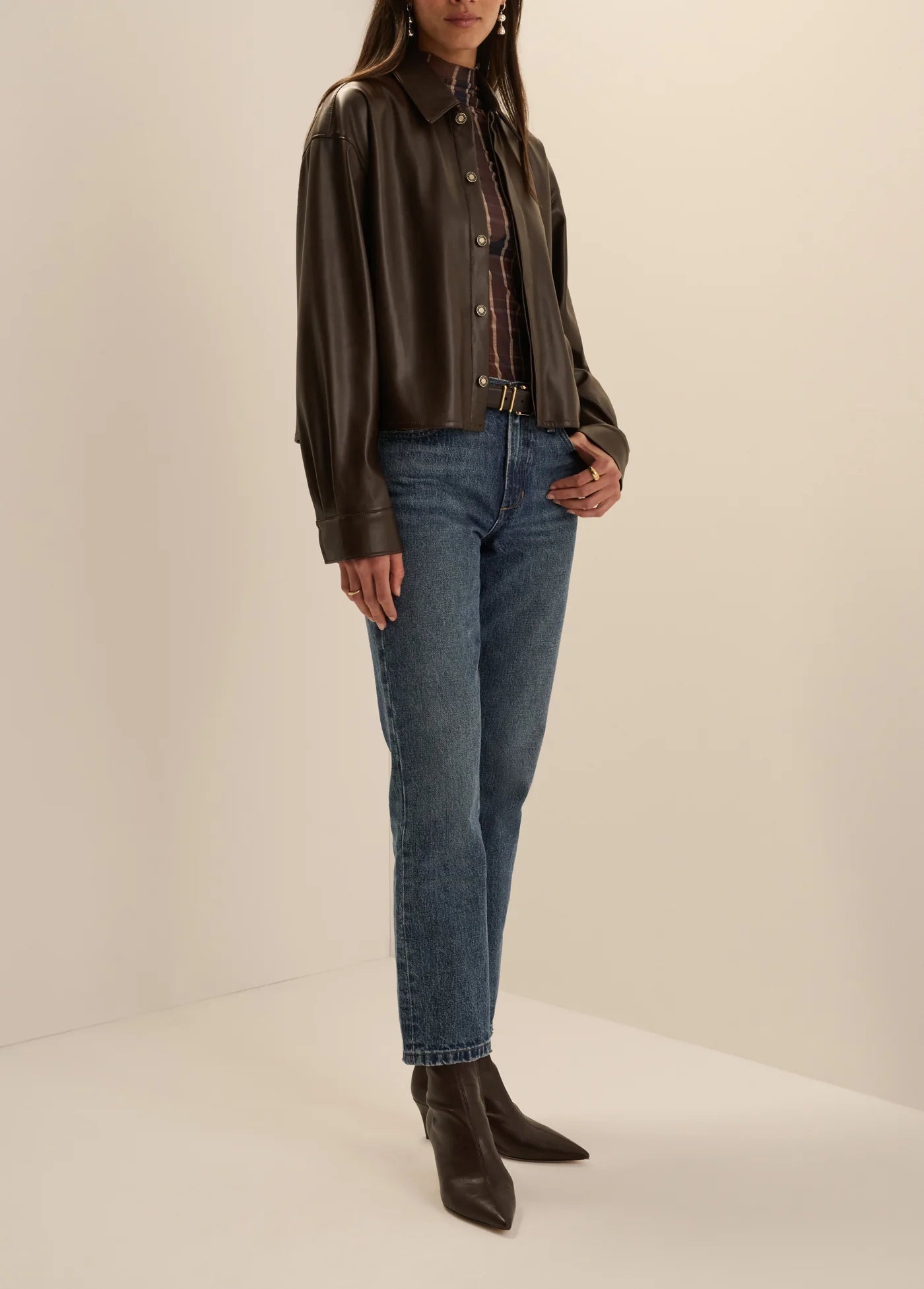 Favorite Daughter The Vegan Leather Crop Brady Shirt in Espresso