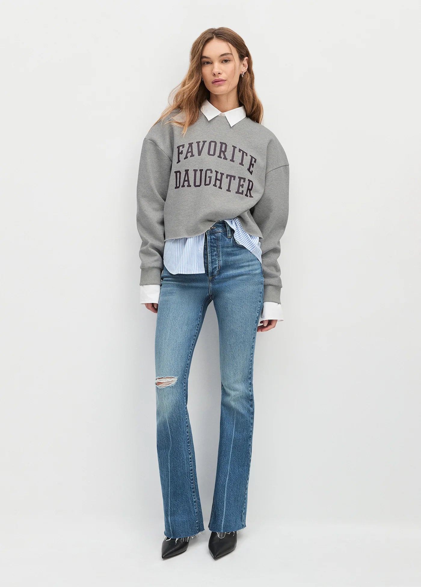 Favorite Daughter The Cropped Collegiate Sweatshirt- Heather Grey/ Burgundy