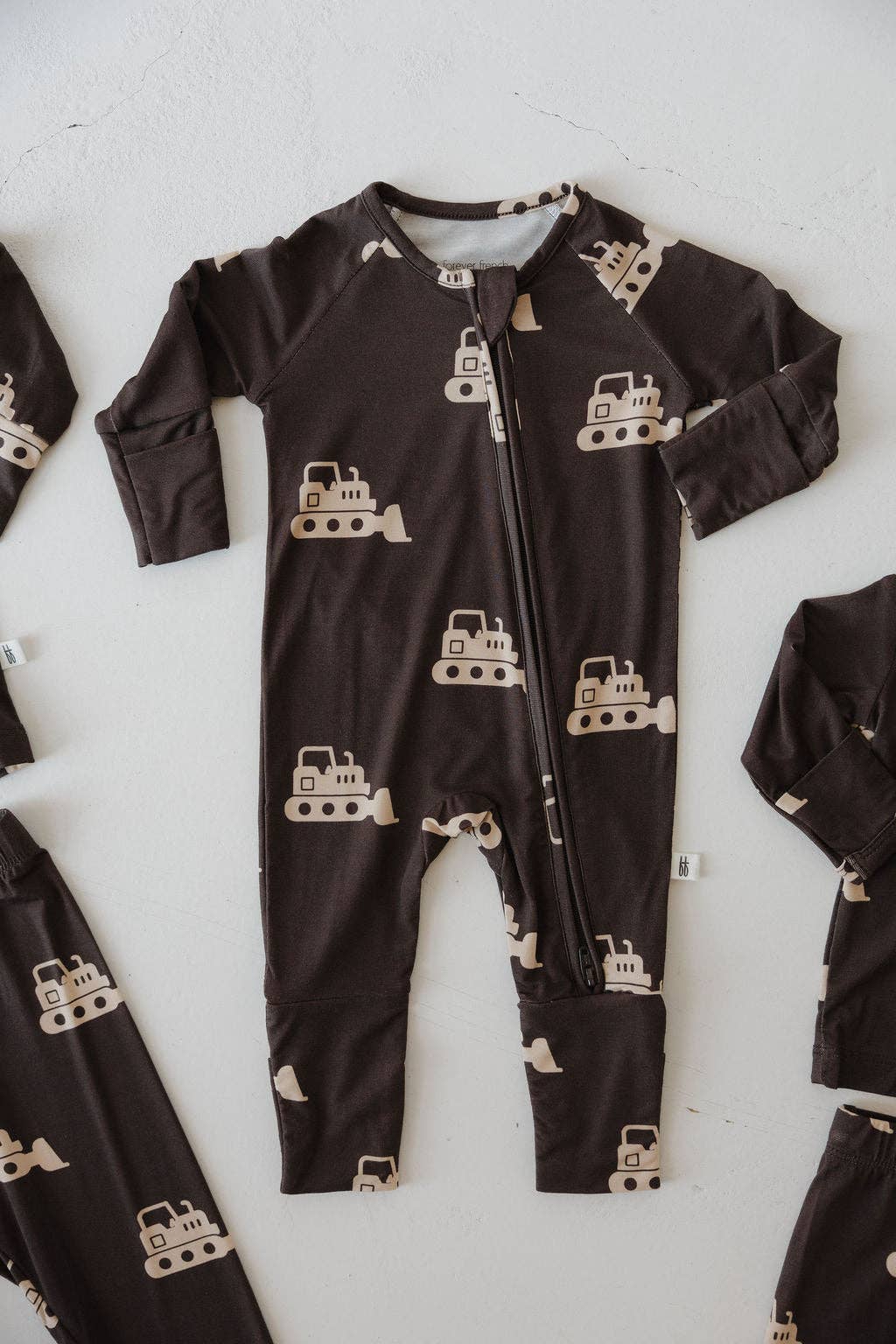 Forever French Baby Bamboo Zip Pajamas- Bulldozer