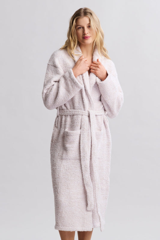 Barefoot Dreams CozyChic Adult Robe- Heathered Stone/White