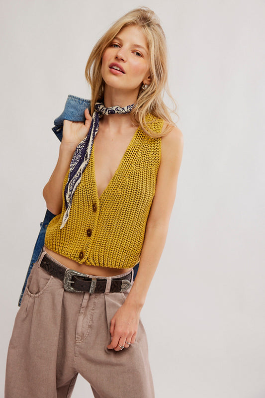 Free People Close to me Vest- Mustard Gold