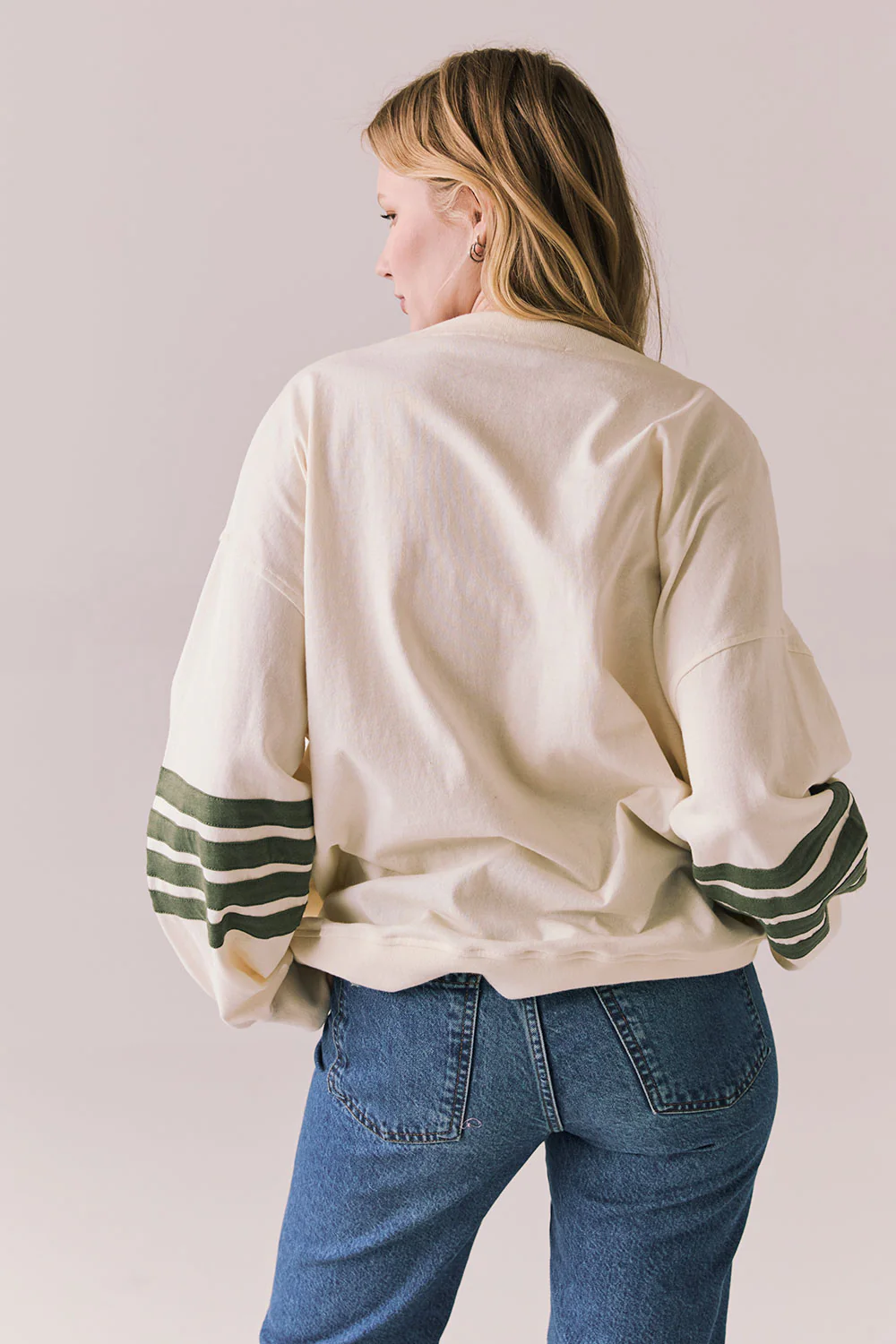 Pomona Long Sleeve White top with bronze green stripes