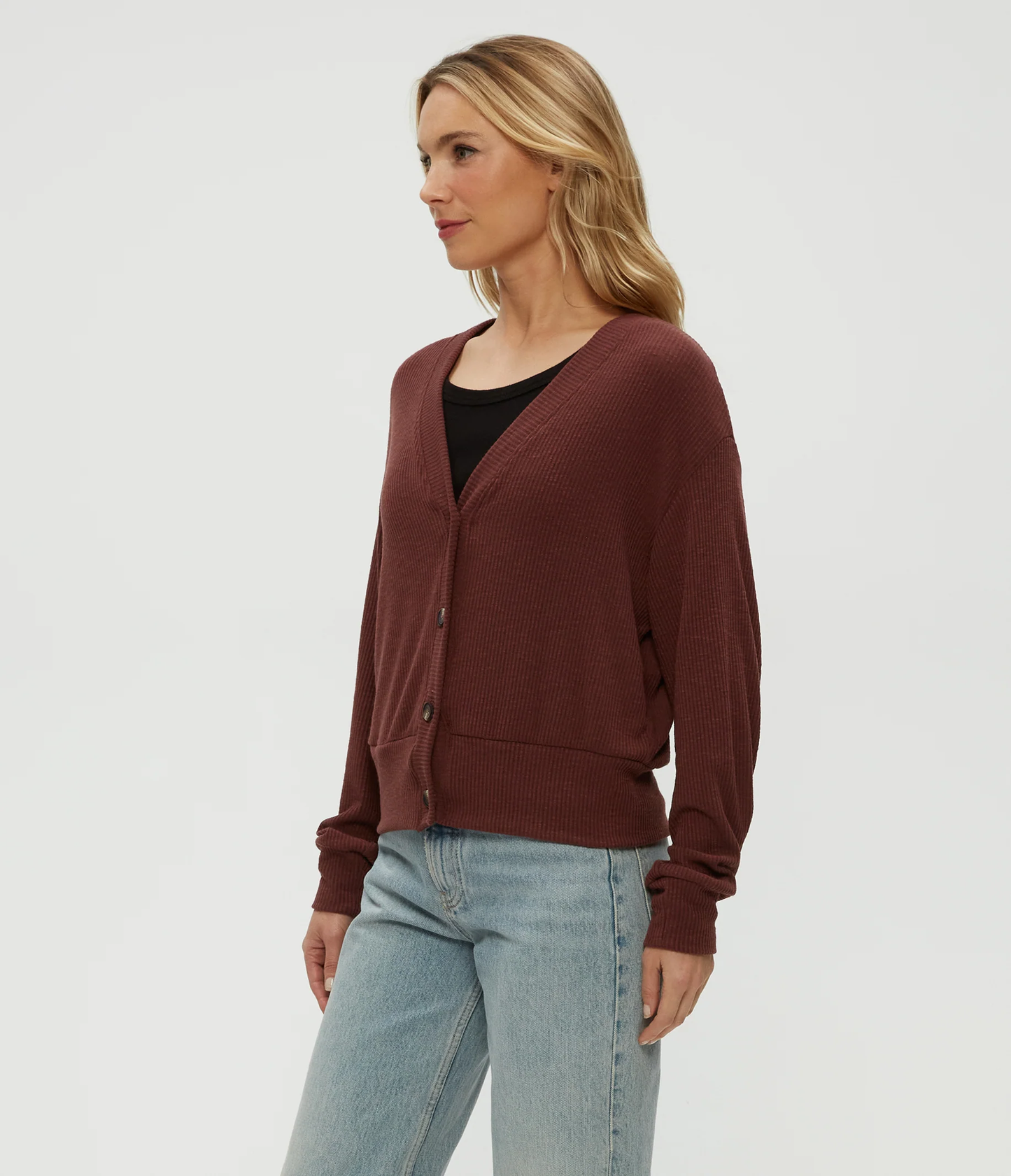 Michael Stars Isla V-Neck Ribbed Cardigan-Espresso