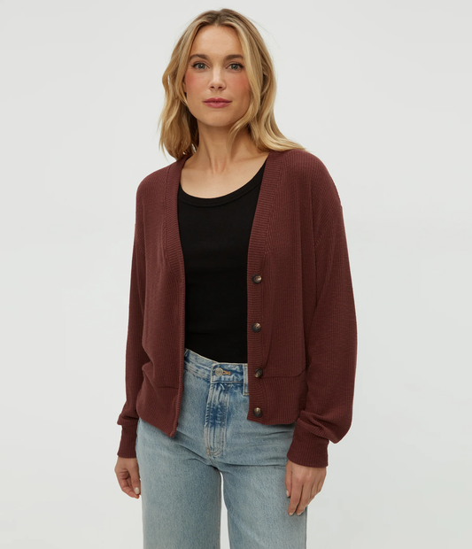 Michael Stars Isla V-Neck Ribbed Cardigan-Espresso