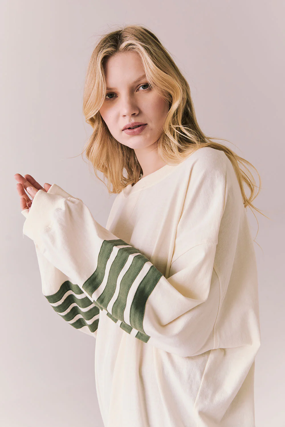 Pomona Long Sleeve White top with bronze green stripes