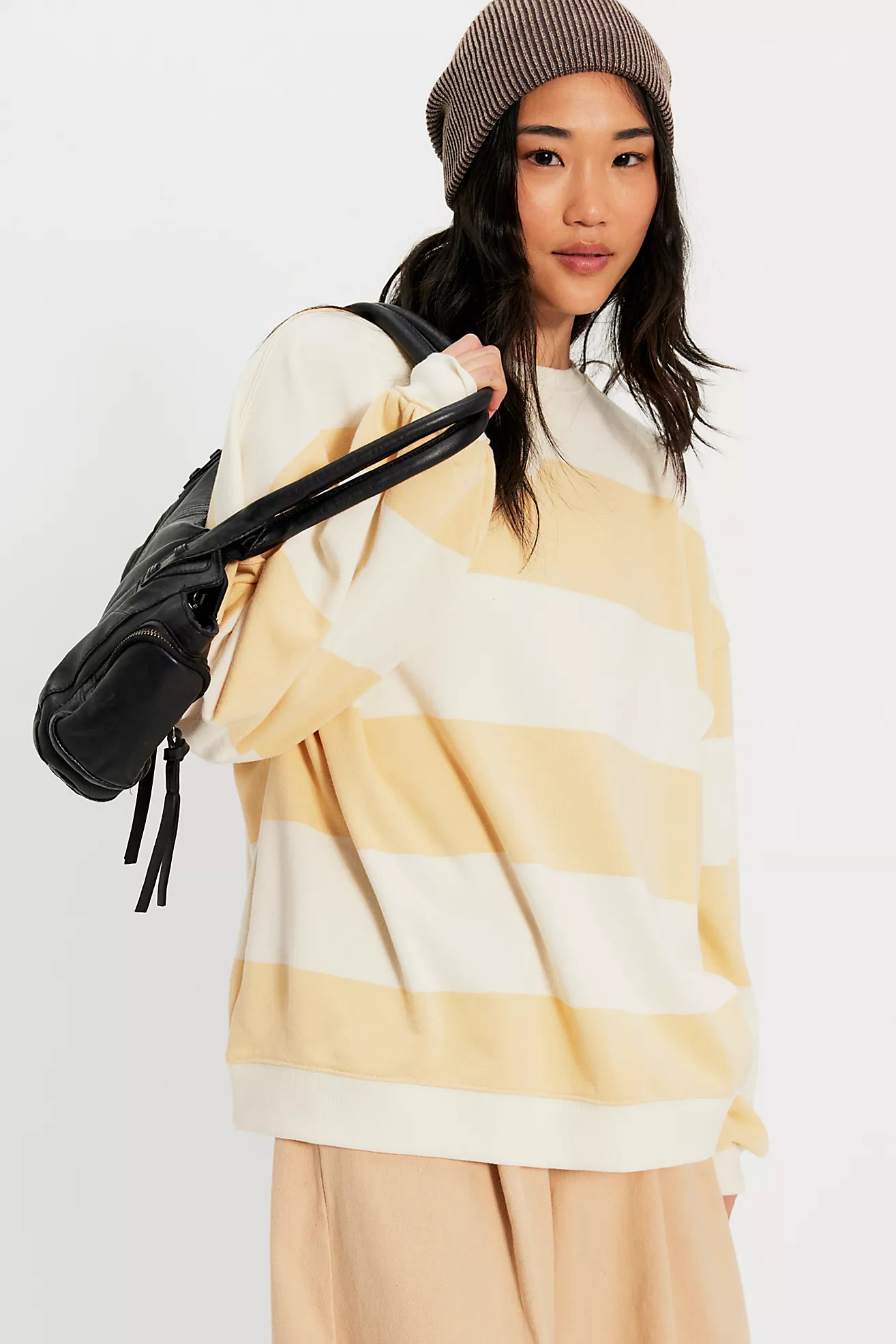 Free People Classic Striped Oversized Crewneck- Apricot Combo