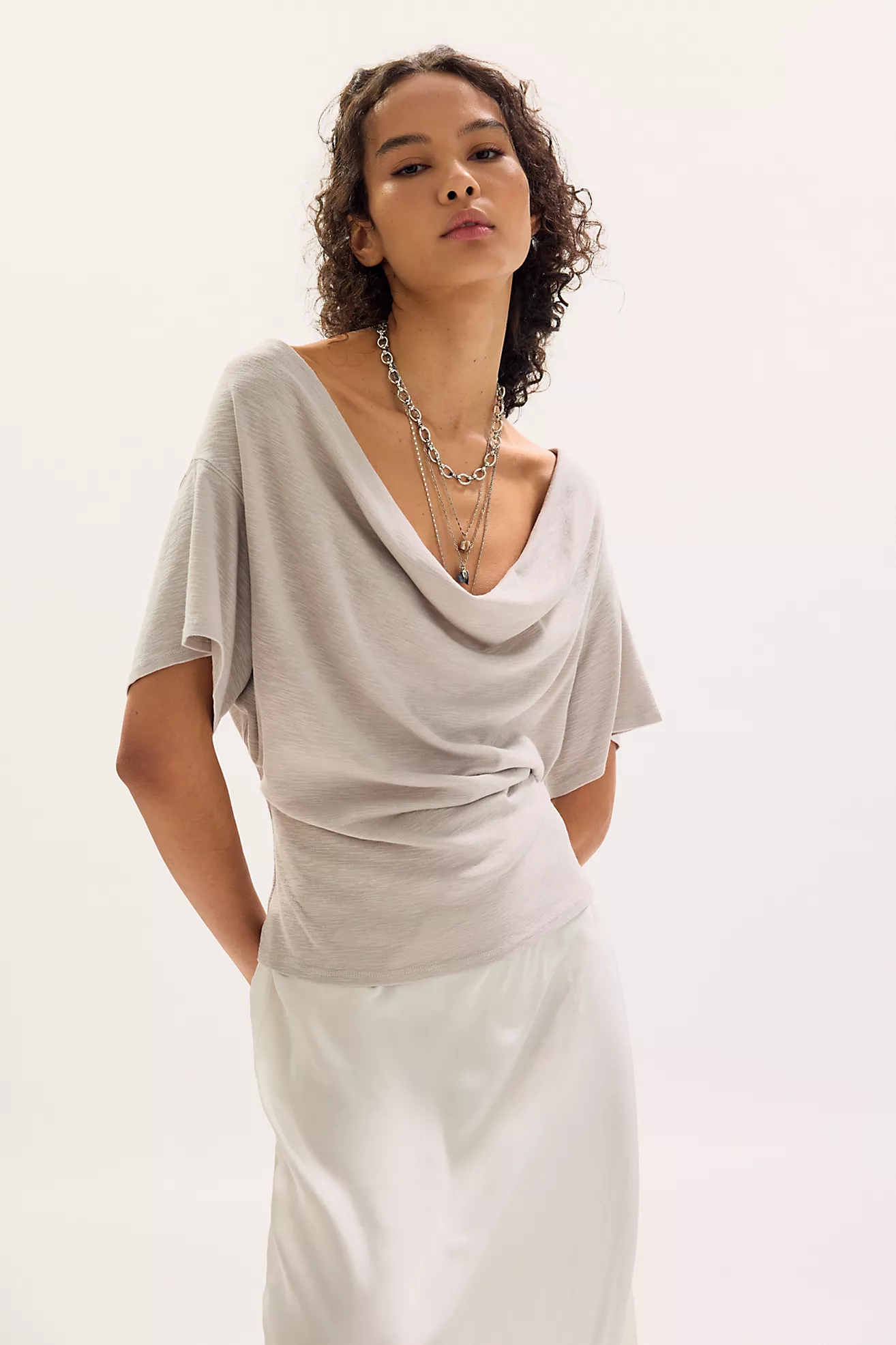 Free People Waterfall Cowl-Neck Top- Chateau Grey