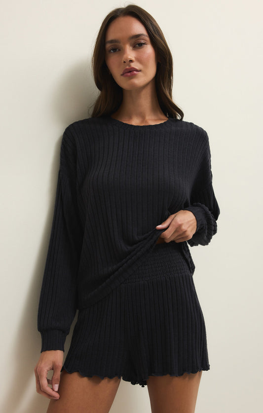 Z Supply Daydream Rib Long Sleeve Top- Black Sand