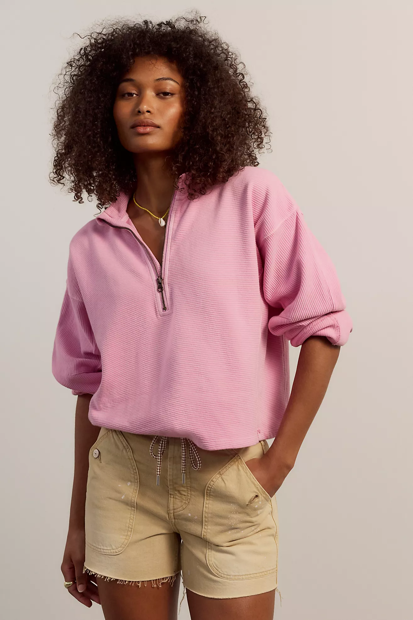 Free People Celeste Quarter Zip- Hummingbird Pink