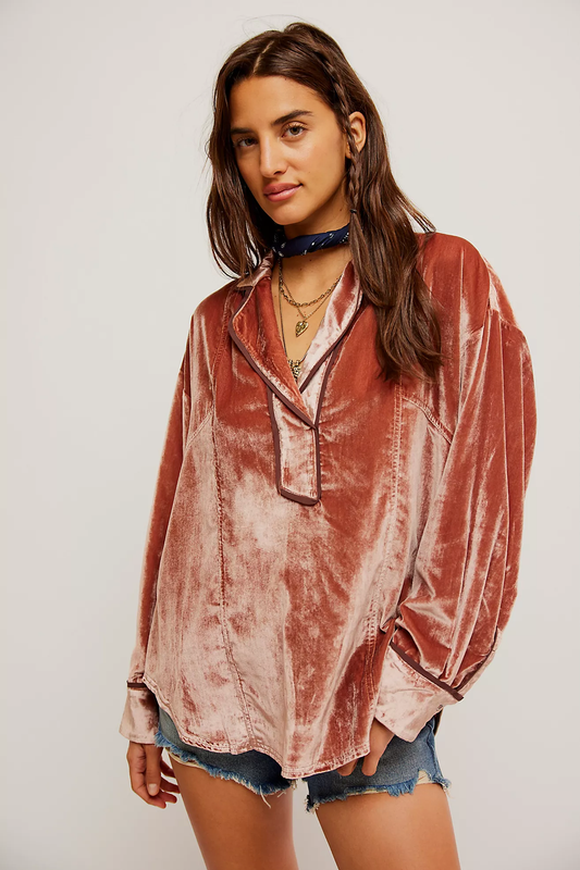 Free People Lucy Solid Velvet Shirt - Cedar Wood