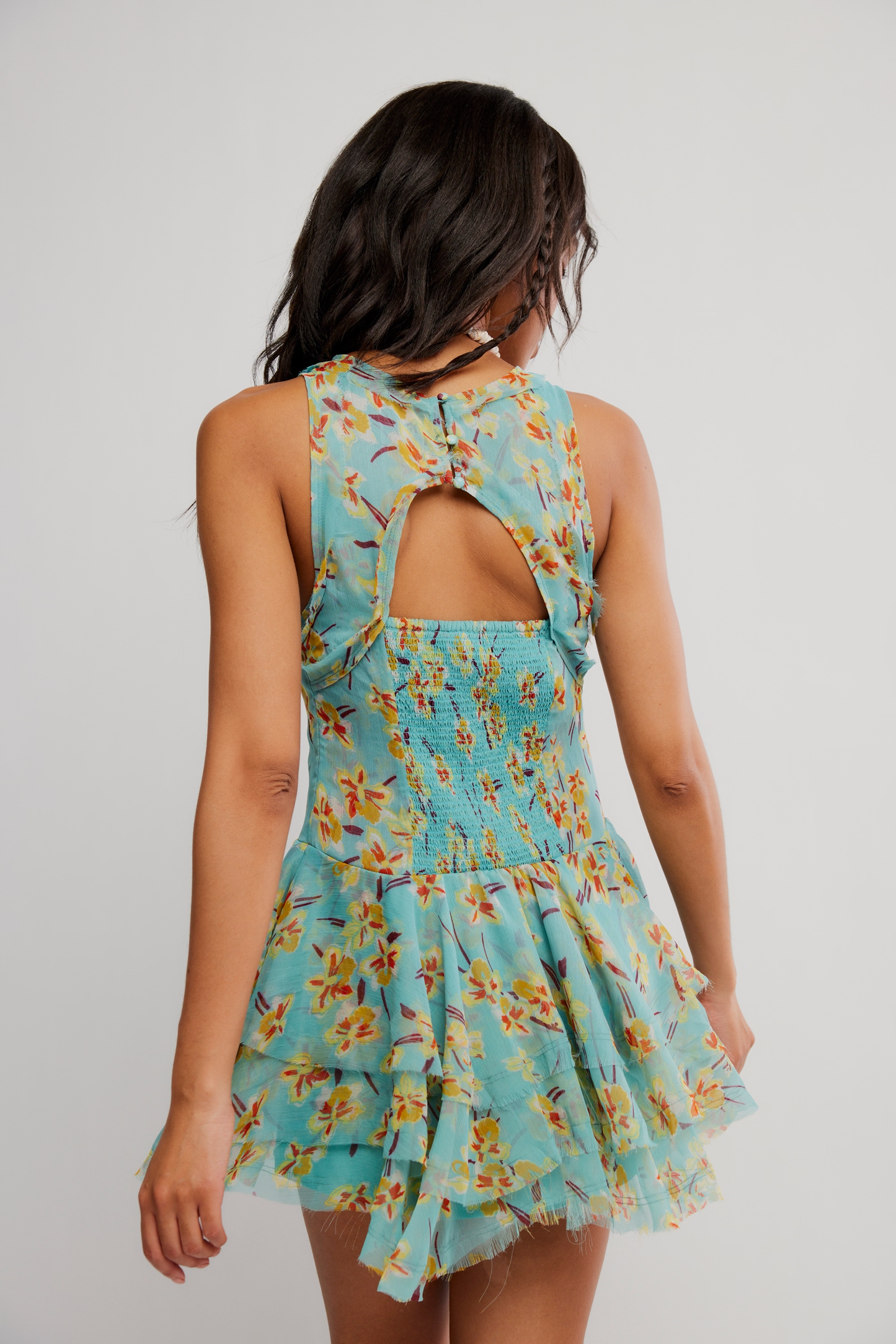Free People Raven Printed Mini Dress-Aqua Combo