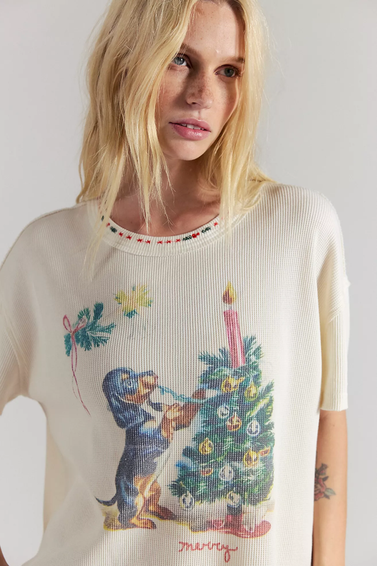 Free People Merry Meowy Tee- Ivory Combo